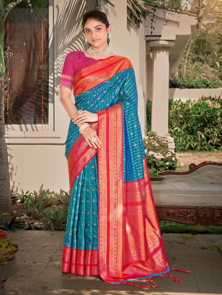 Women's Blue Silk Woven Work Traditional Saree