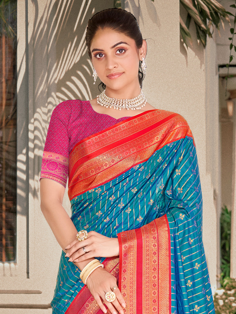 Women's Blue Silk Woven Work Traditional Saree