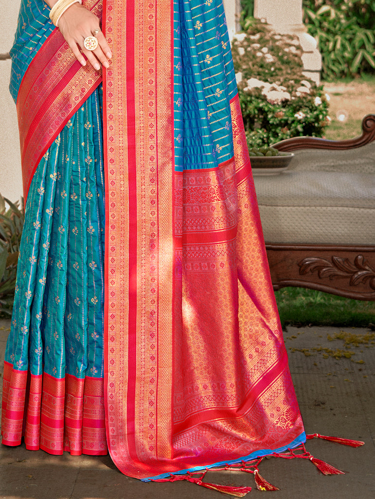 Women's Blue Silk Woven Work Traditional Saree