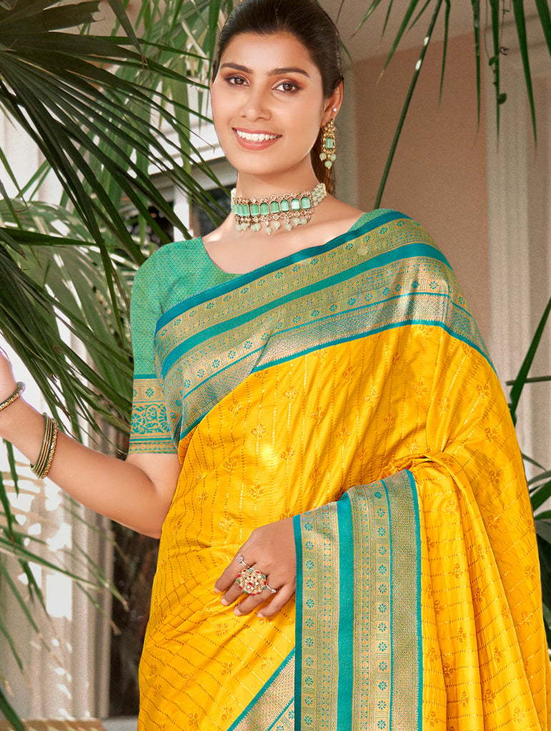 Women's Yellow Silk Woven Work Traditional Saree