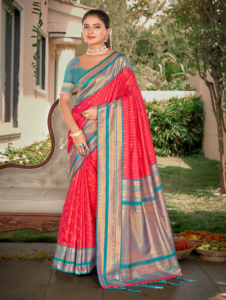 Women's Pink Silk Woven Work Traditional Saree