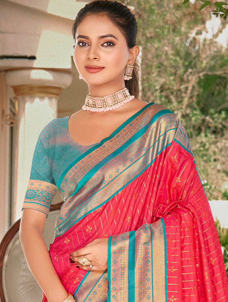 Women's Pink Silk Woven Work Traditional Saree