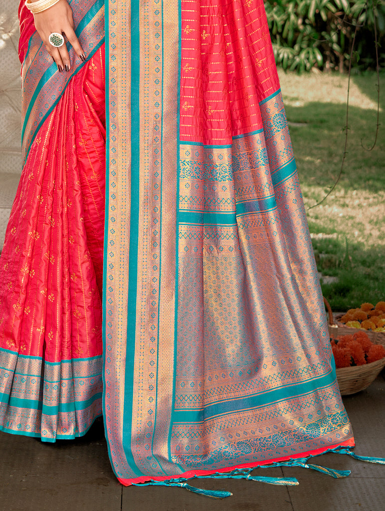 Women's Pink Silk Woven Work Traditional Saree