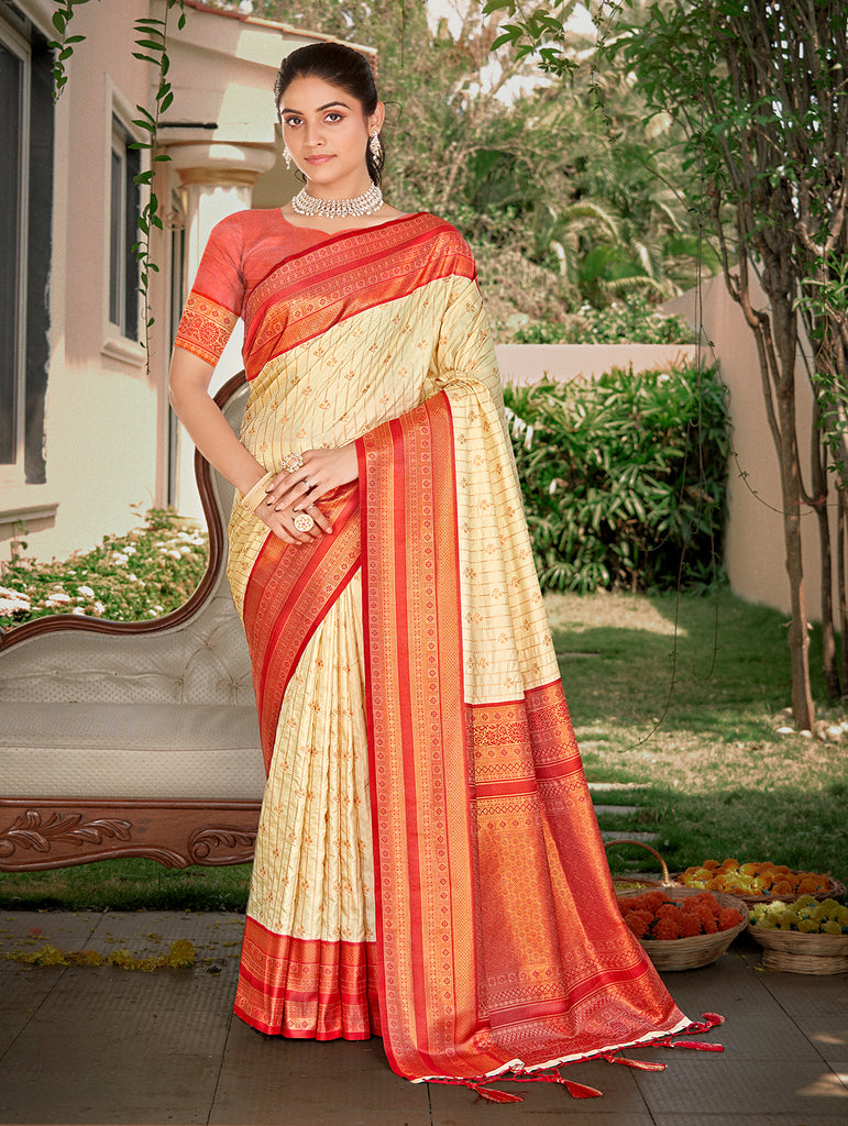 Women's Cream Silk Woven Work Traditional Saree