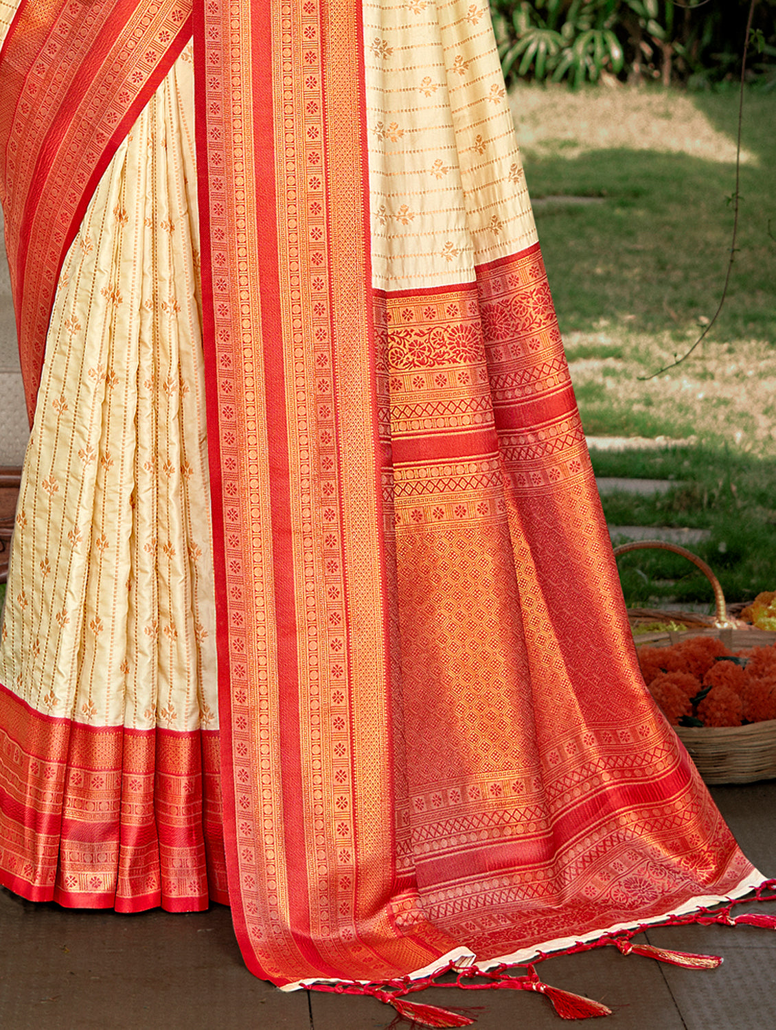 Women's Cream Silk Woven Work Traditional Saree - Sangam Prints