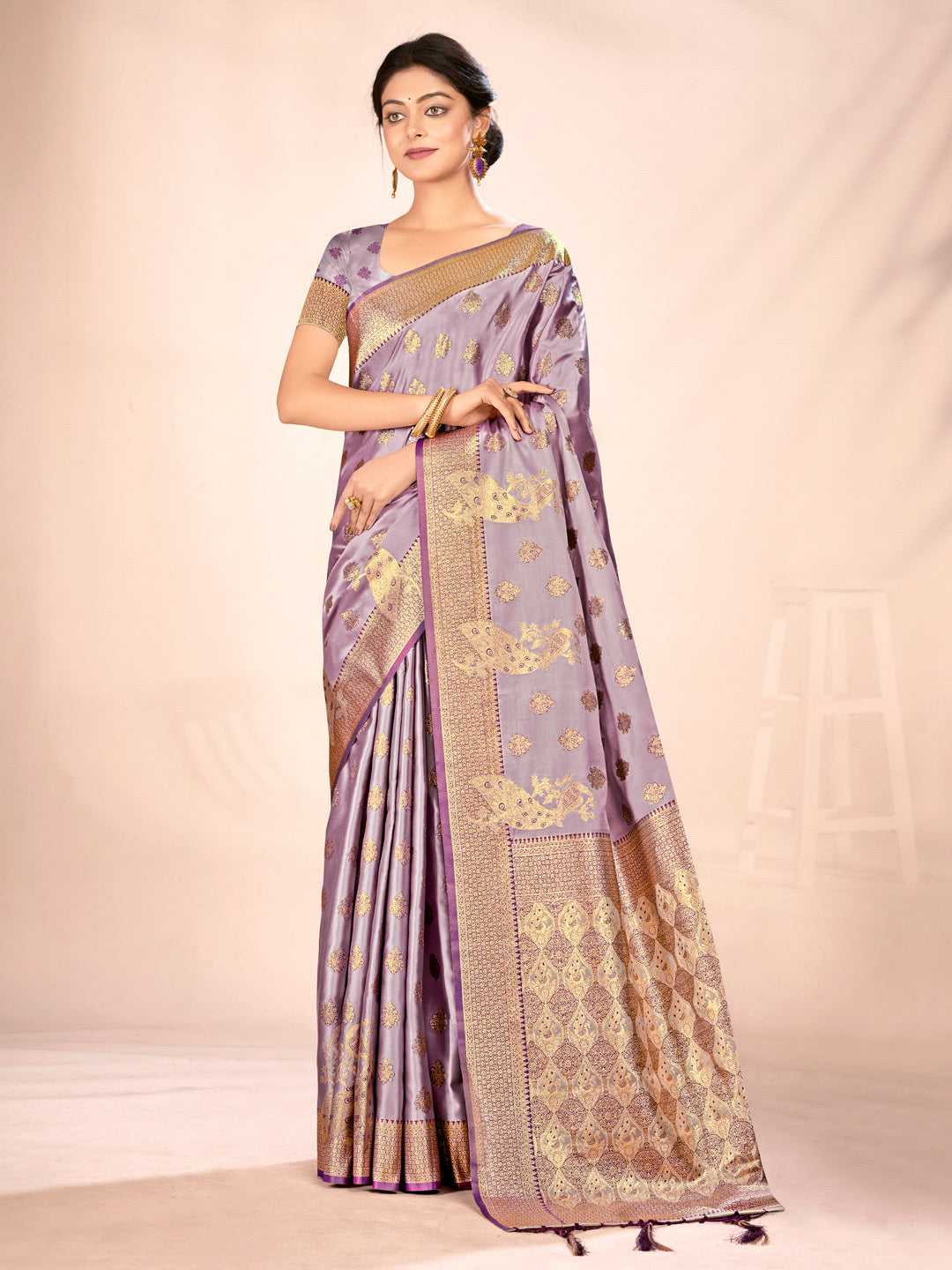 Women's Purple Satin Silk Woven Work Traditional Tassels Saree - Sangam Prints