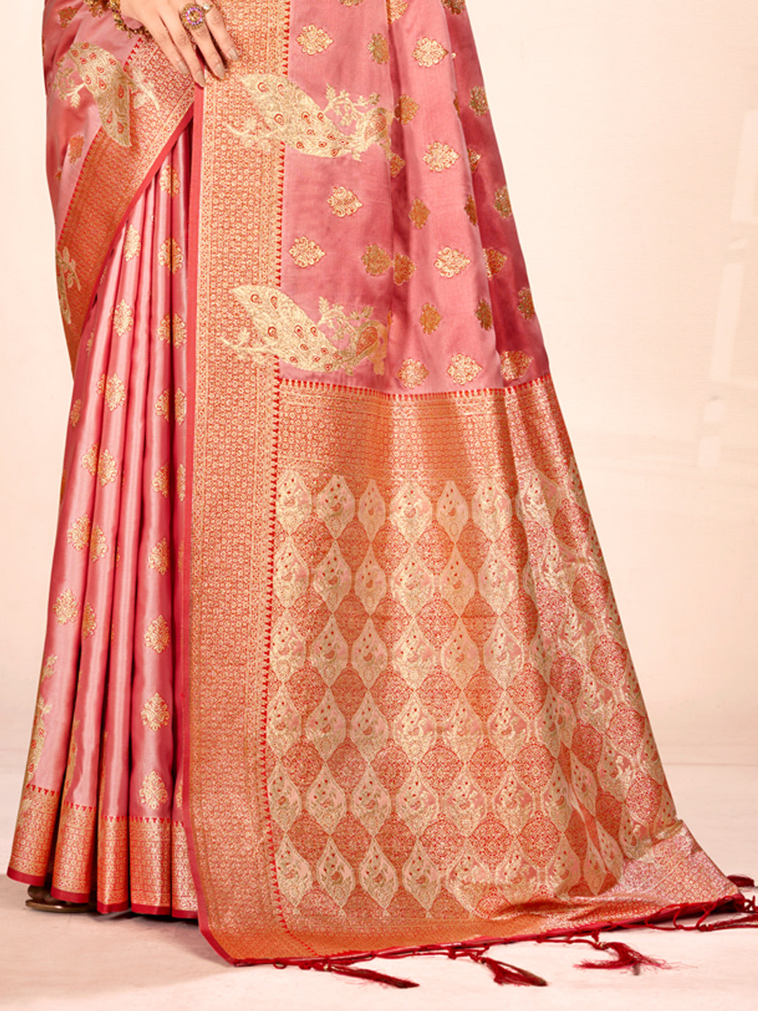 Women's Light Pink Satin Silk Woven Work Traditional Tassels Saree - Sangam Prints
