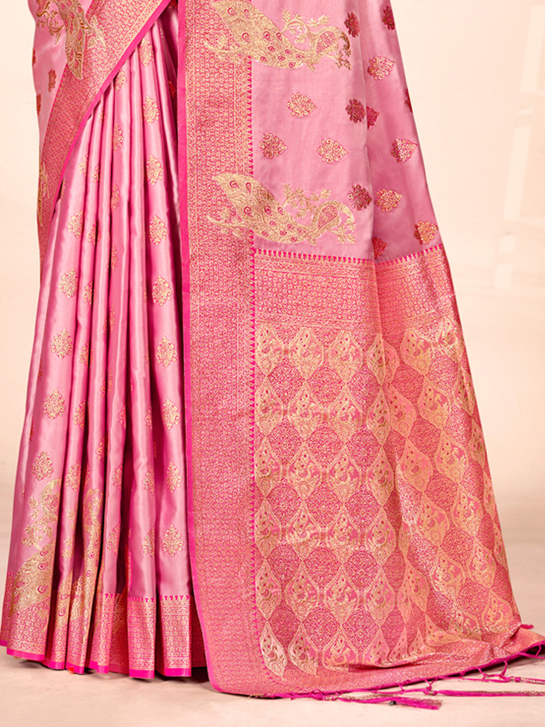 Women's Pink Satin Silk Woven Work Traditional Tassels Saree - Sangam Prints