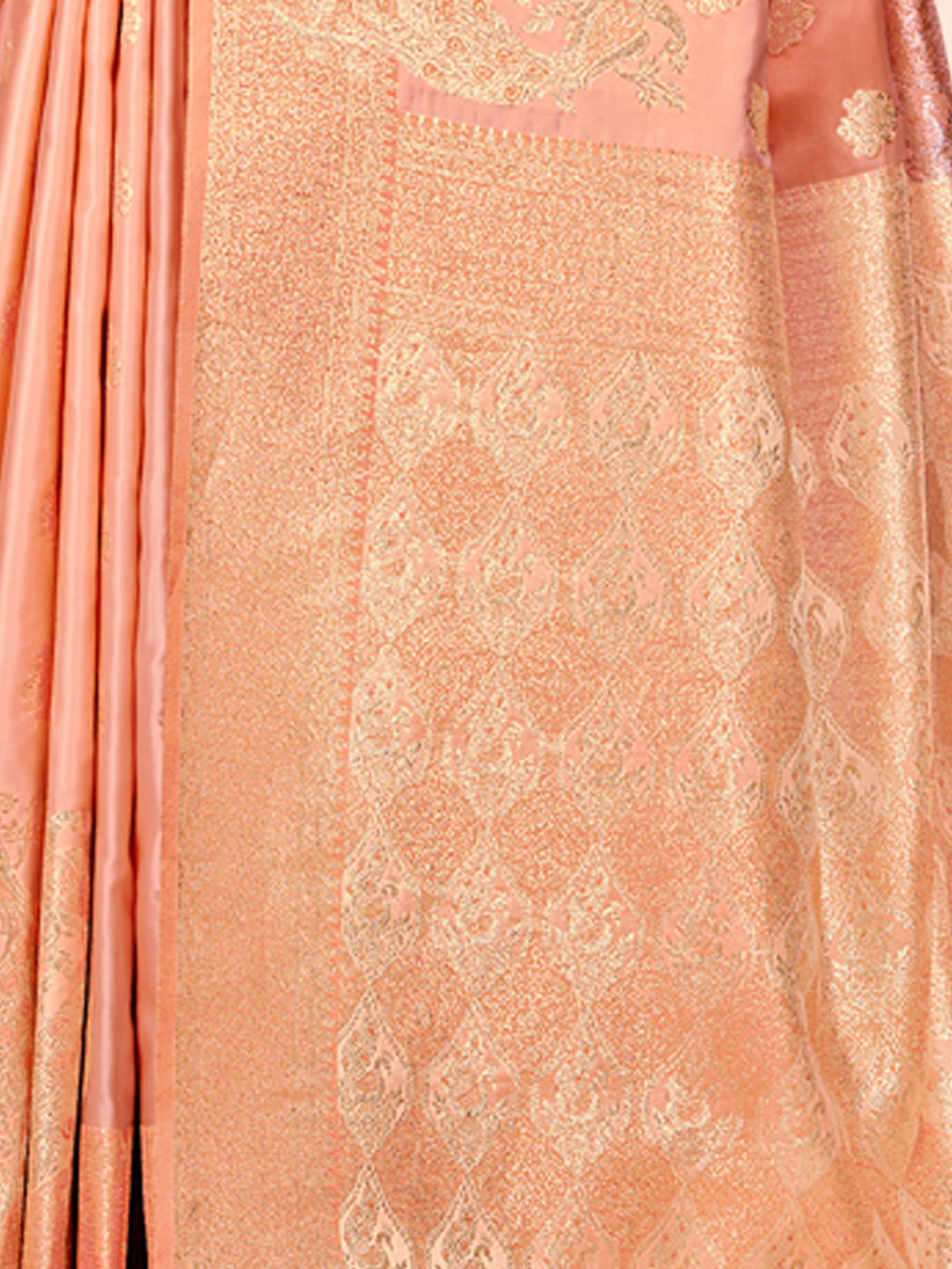 Women's Peach Satin Silk Woven Work Traditional Tassels Saree - Sangam Prints