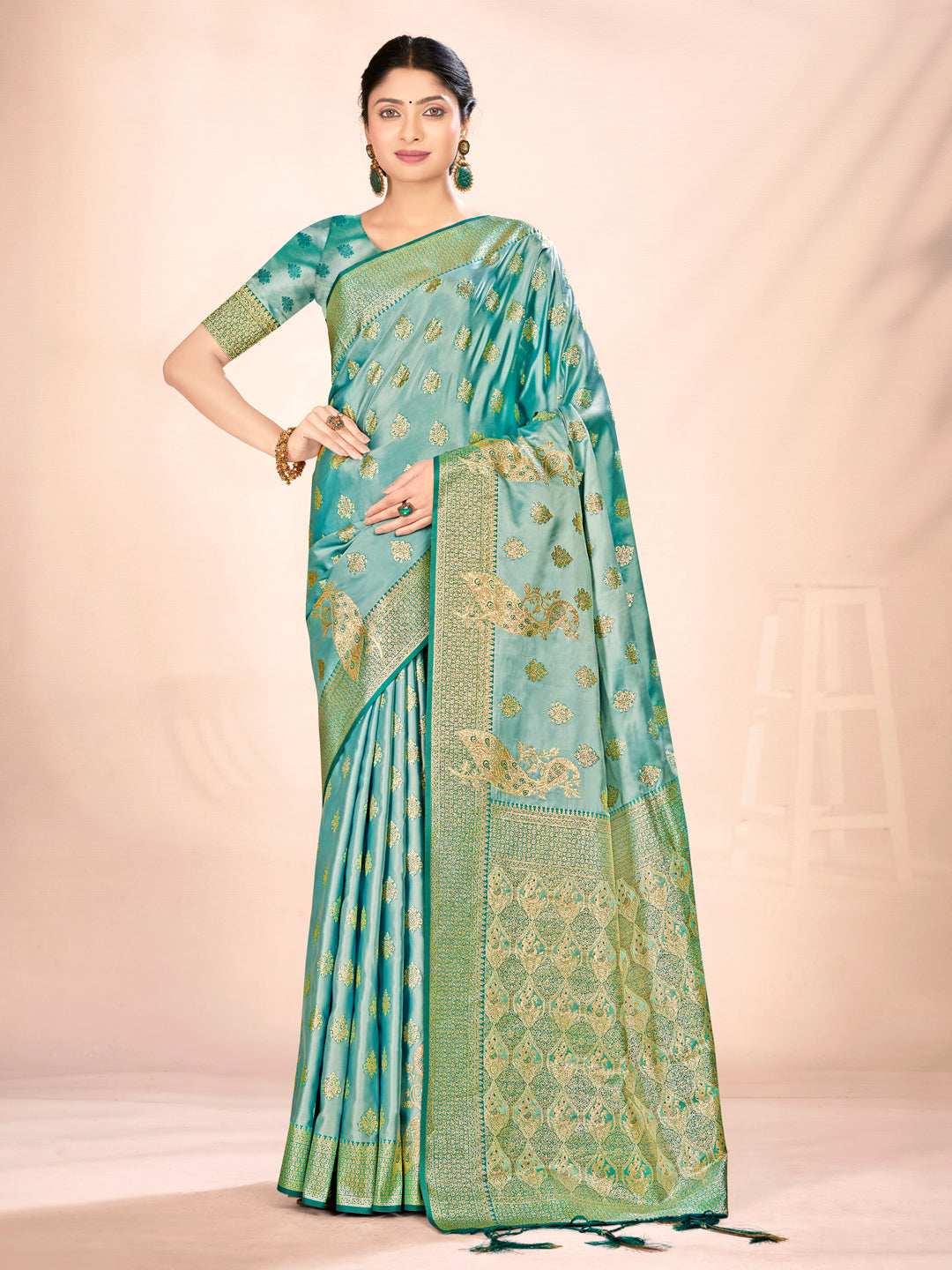 Women's Turquoise Satin Silk Woven Work Traditional Tassels Saree - Sangam Prints