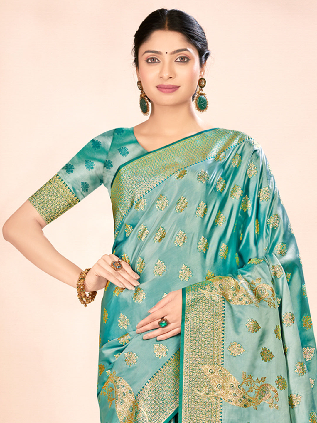 Women's Turquoise Satin Silk Woven Work Traditional Tassels Saree - Sangam Prints
