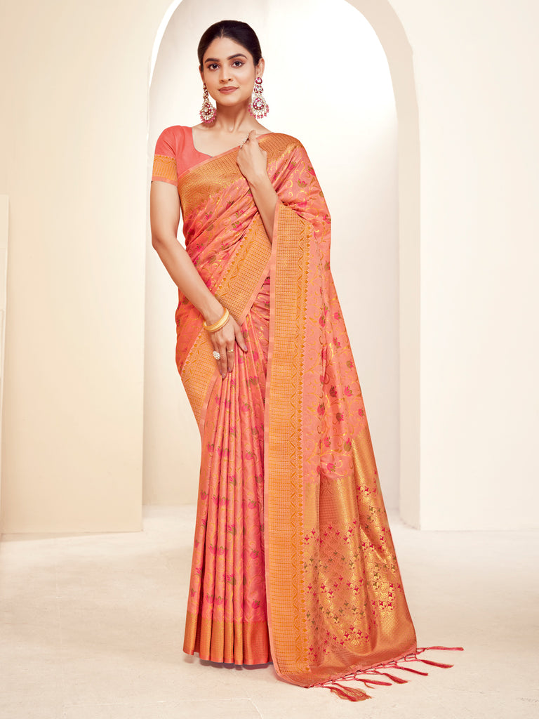 Women's Peach Banarasi Silk Woven Work Traditional Tassels Saree