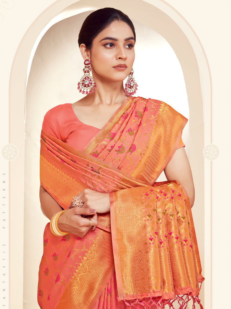 Women's Peach Banarasi Silk Woven Work Traditional Tassels Saree