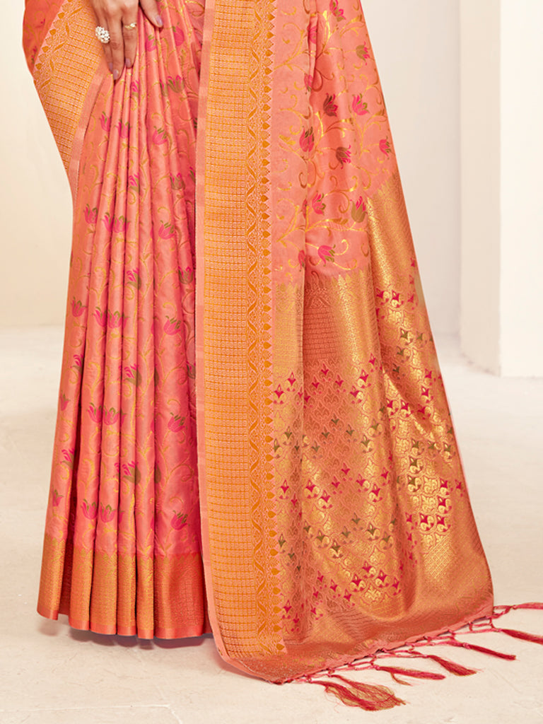 Women's Peach Banarasi Silk Woven Work Traditional Tassels Saree
