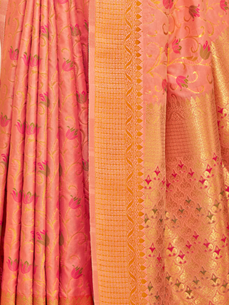 Women's Peach Banarasi Silk Woven Work Traditional Tassels Saree