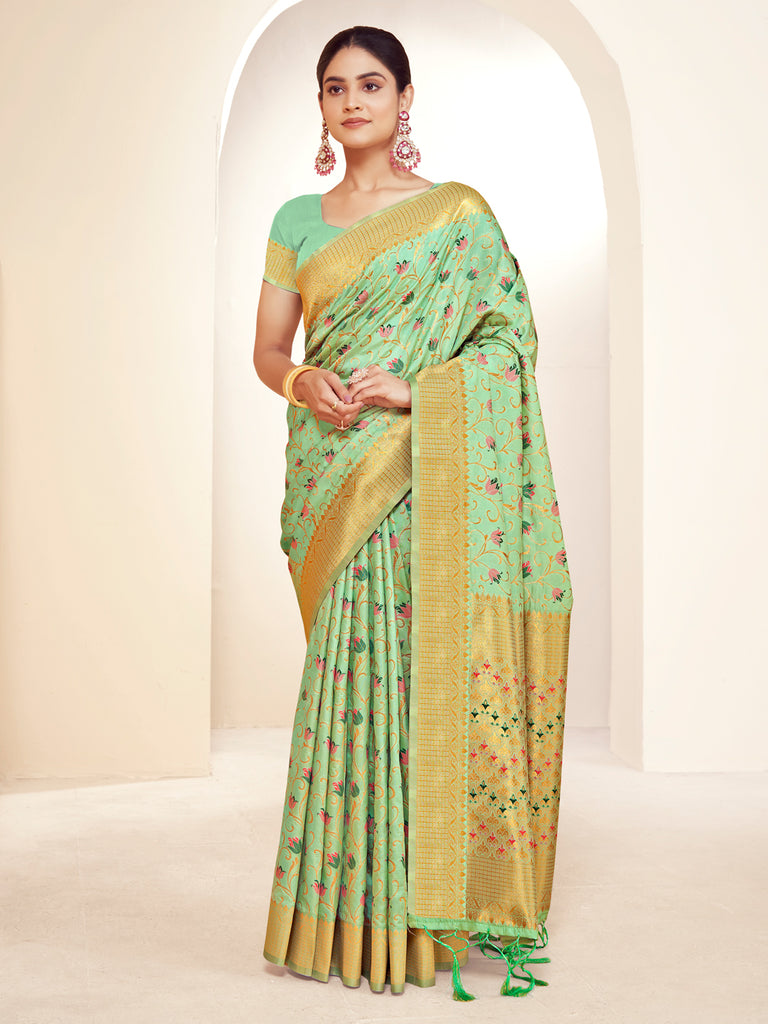 Women's Green Banarasi Silk Woven Work Traditional Tassels Saree