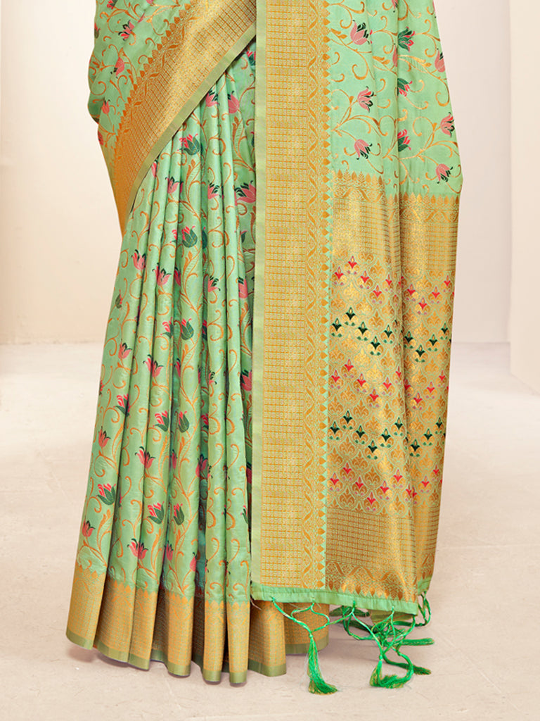Women's Green Banarasi Silk Woven Work Traditional Tassels Saree