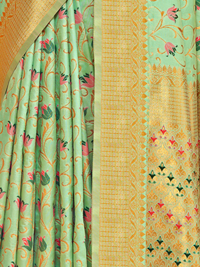 Women's Green Banarasi Silk Woven Work Traditional Tassels Saree