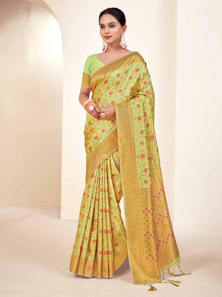 Women's Light Green Banarasi Silk Woven Work Traditional Tassels Saree
