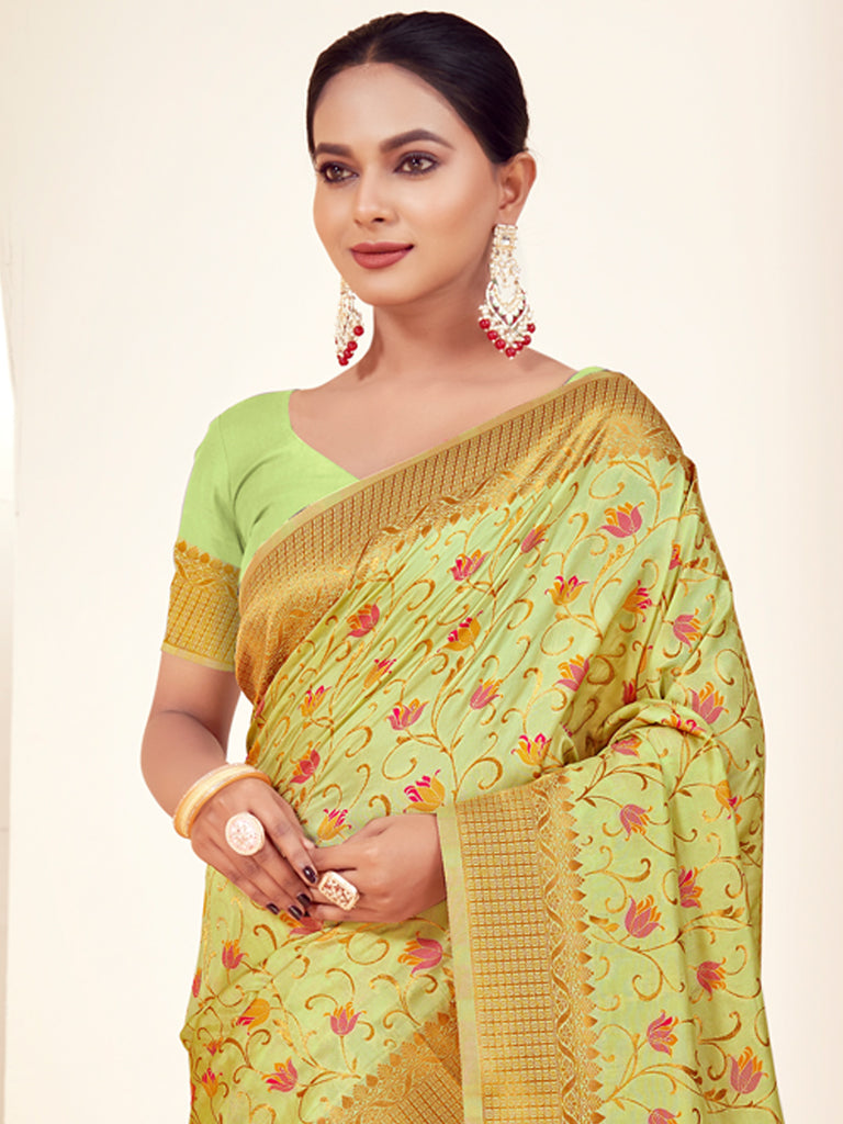 Women's Light Green Banarasi Silk Woven Work Traditional Tassels Saree