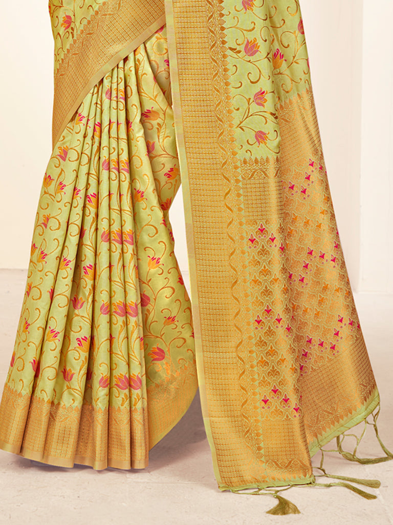 Women's Light Green Banarasi Silk Woven Work Traditional Tassels Saree