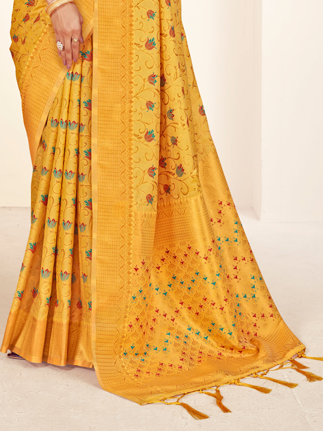 Women's Mustard Banarasi Silk Woven Work Traditional Tassels Saree - Sangam Prints