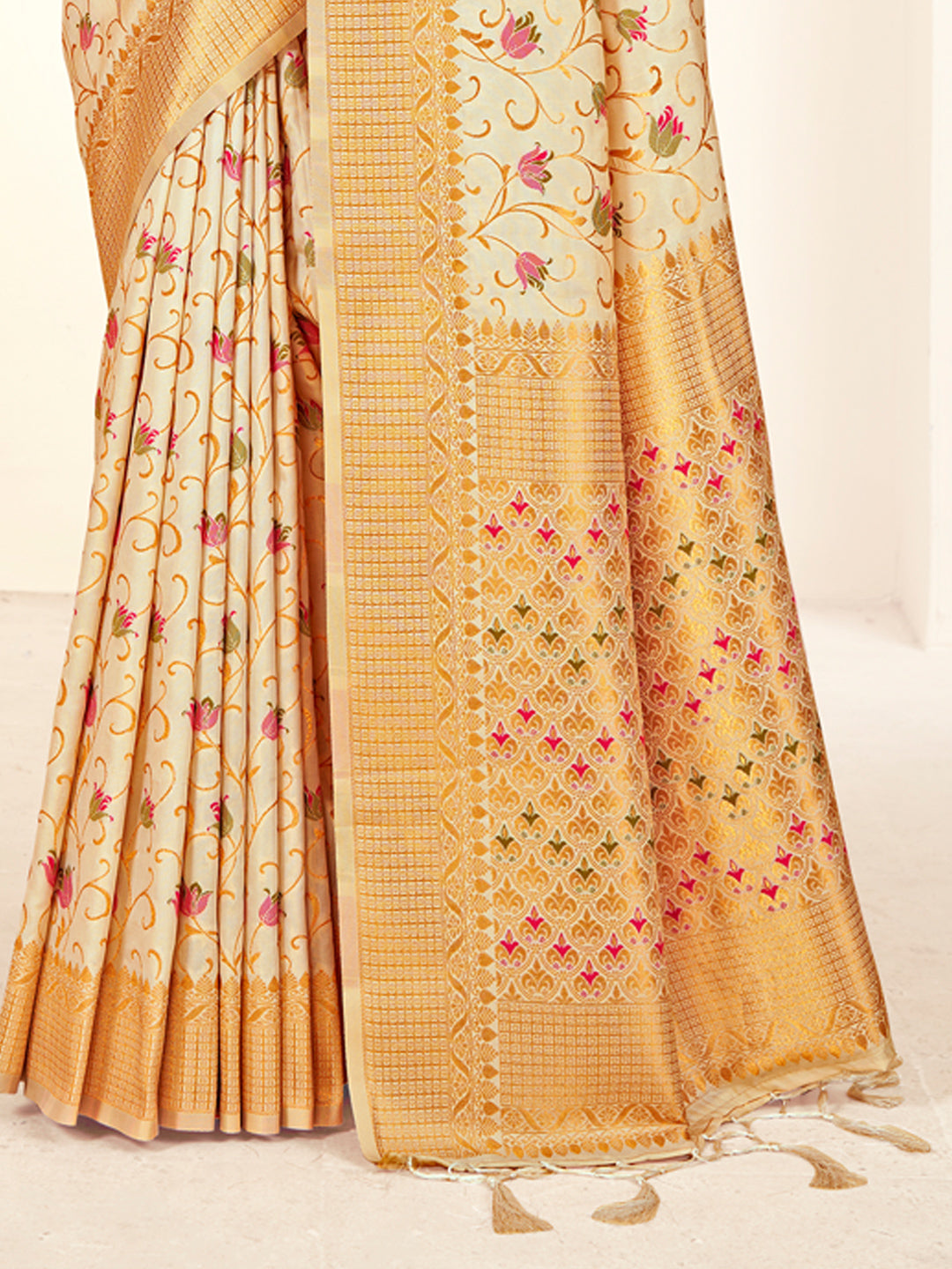 Women's Cream Banarasi Silk Woven Work Traditional Tassels Saree - Sangam Prints