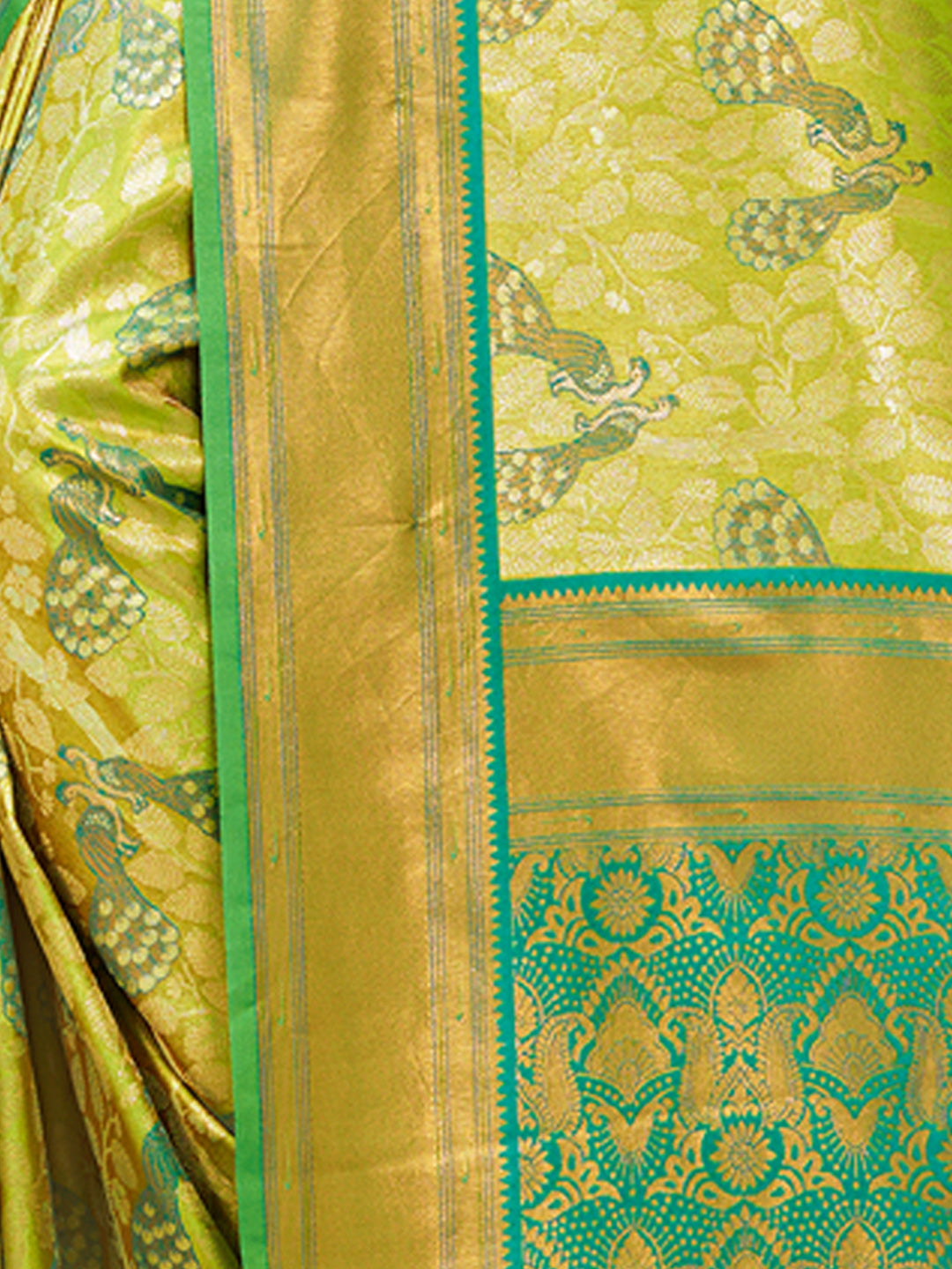 Women's Parrot Green Kanjivaram Silk Woven Work Traditional Tassels Saree - Sangam Prints
