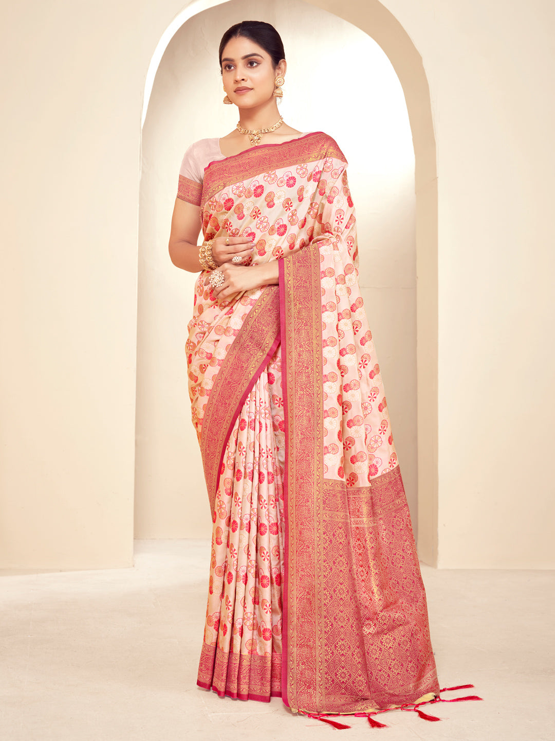 Women's Light Pink Paithani Silk Woven Zari Work Traditional Tassels Saree - Sangam Prints