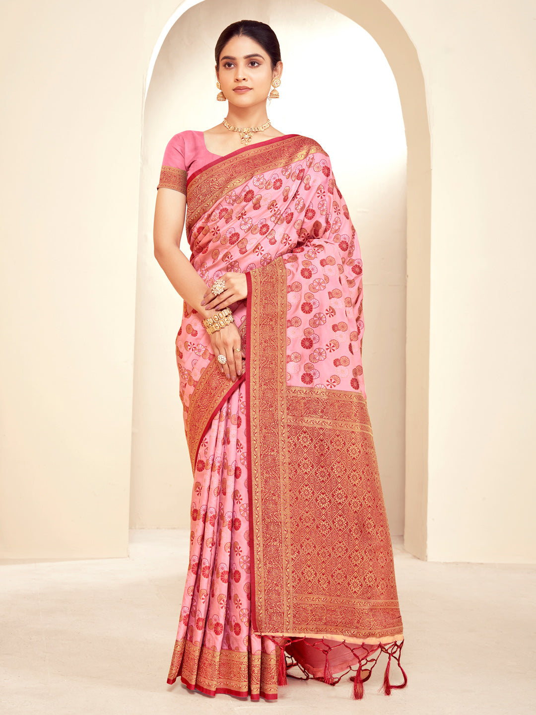 Women's Pink Paithani Silk Woven Zari Work Traditional Tassels Saree - Sangam Prints
