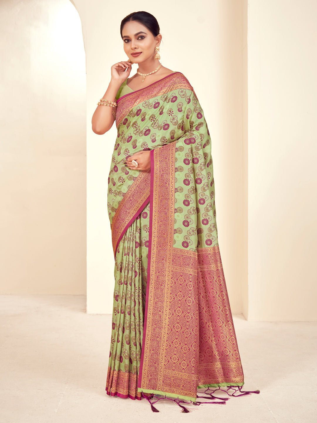 Women's Light Green Paithani Silk Woven Zari Work Traditional Tassels Saree - Sangam Prints