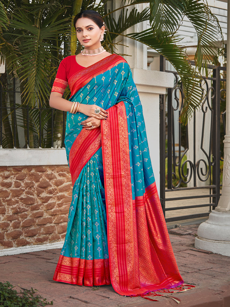 Women's Sky Blue Silk Woven Work Traditional Saree