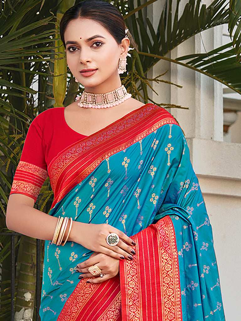 Women's Sky Blue Silk Woven Work Traditional Saree