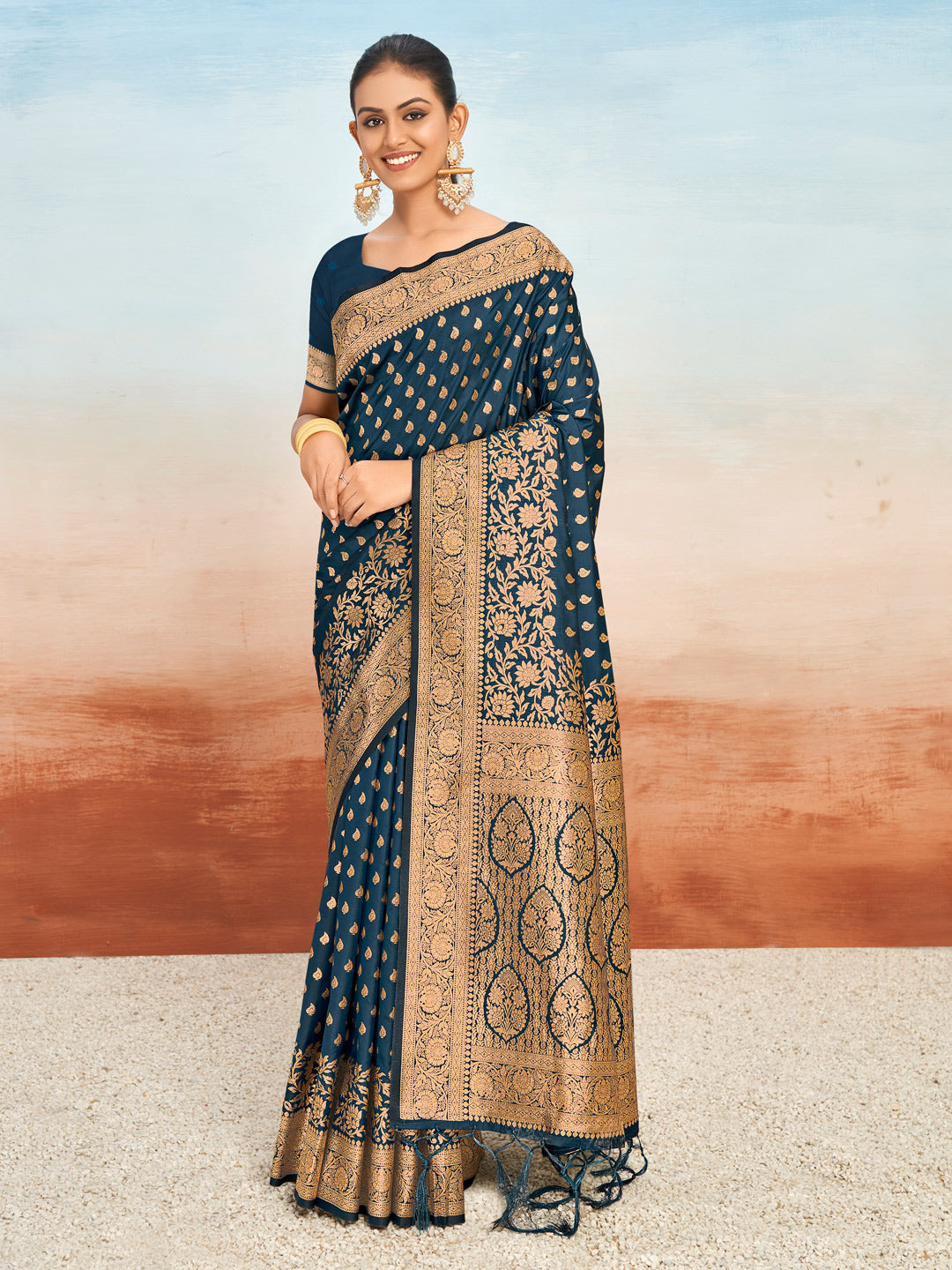 Women's Navy Blue Silk Woven Work Traditional Tassels Saree - Sangam Prints