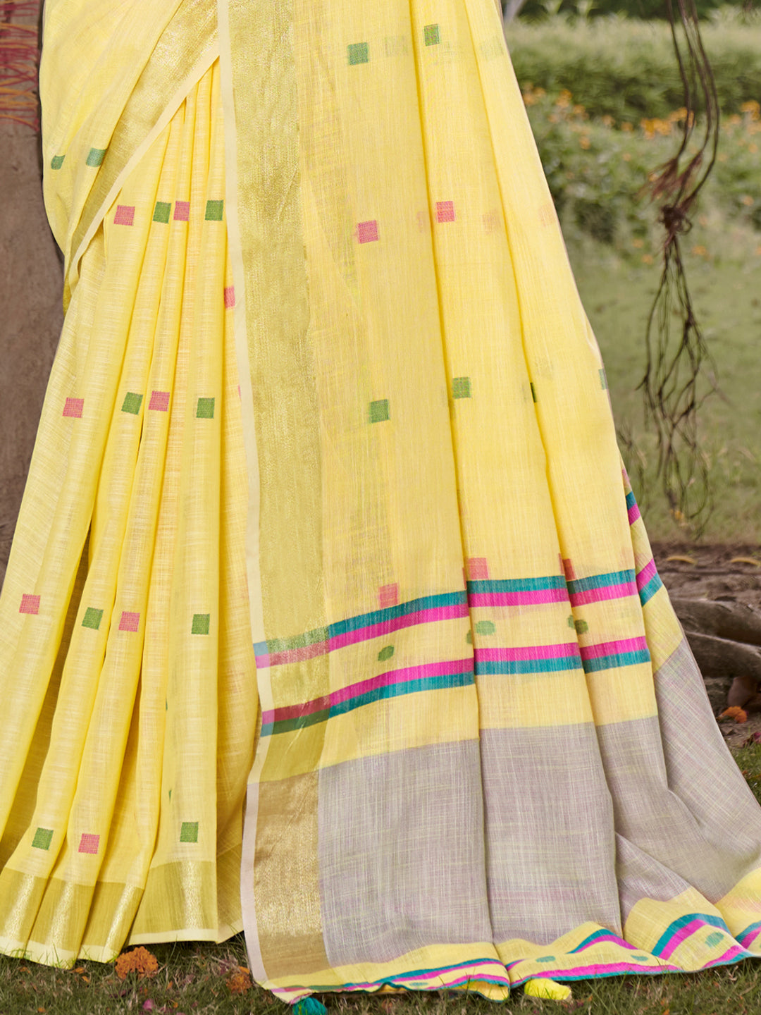 Yellow Cotton Woven Work Party Wear Saree - Sangam Prints