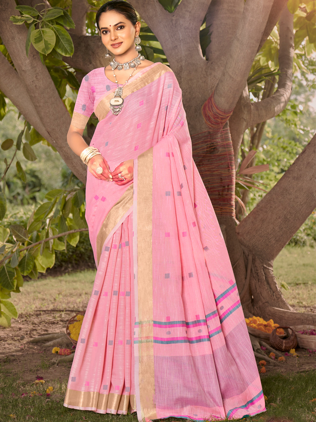 Light Pink Cotton Woven Work Party Wear Saree - Sangam Prints