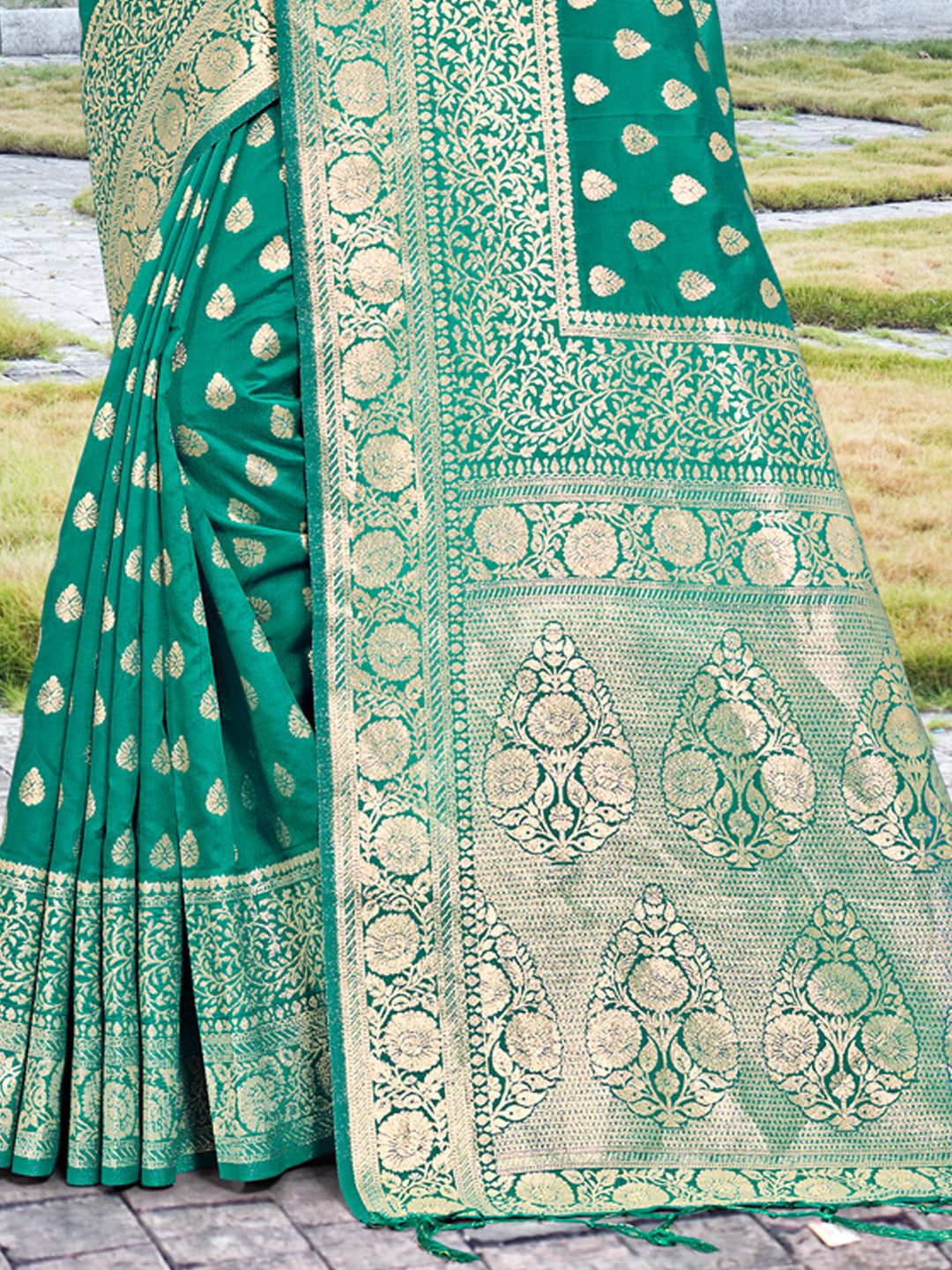 Women's Turquoise Silk Woven Work Traditional Tassels Saree - Sangam Prints