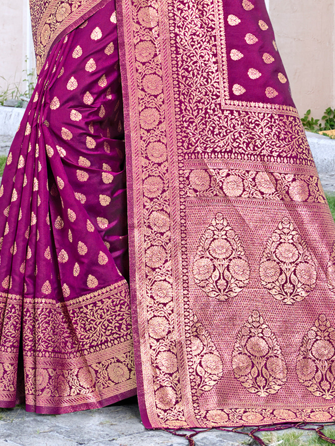 Women's Wine Silk Woven Work Traditional Tassels Saree - Sangam Prints