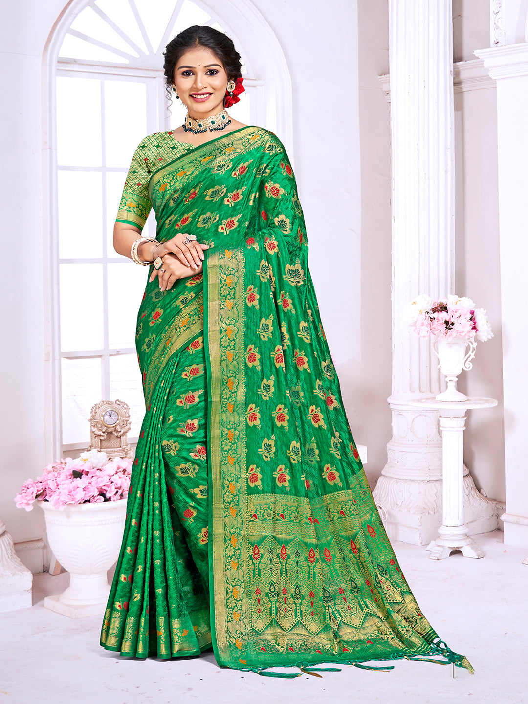 Women's Green Silk Woven Work Traditional Saree - Sangam Prints