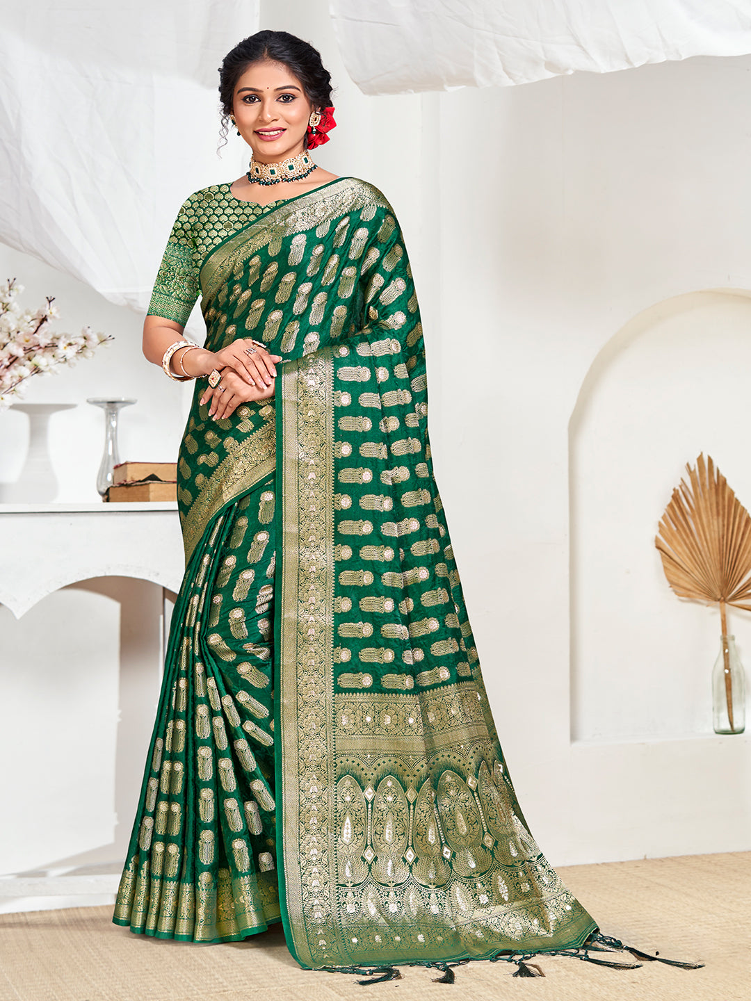 Women's Dark Green Silk Woven Work Traditional Saree - Sangam Prints