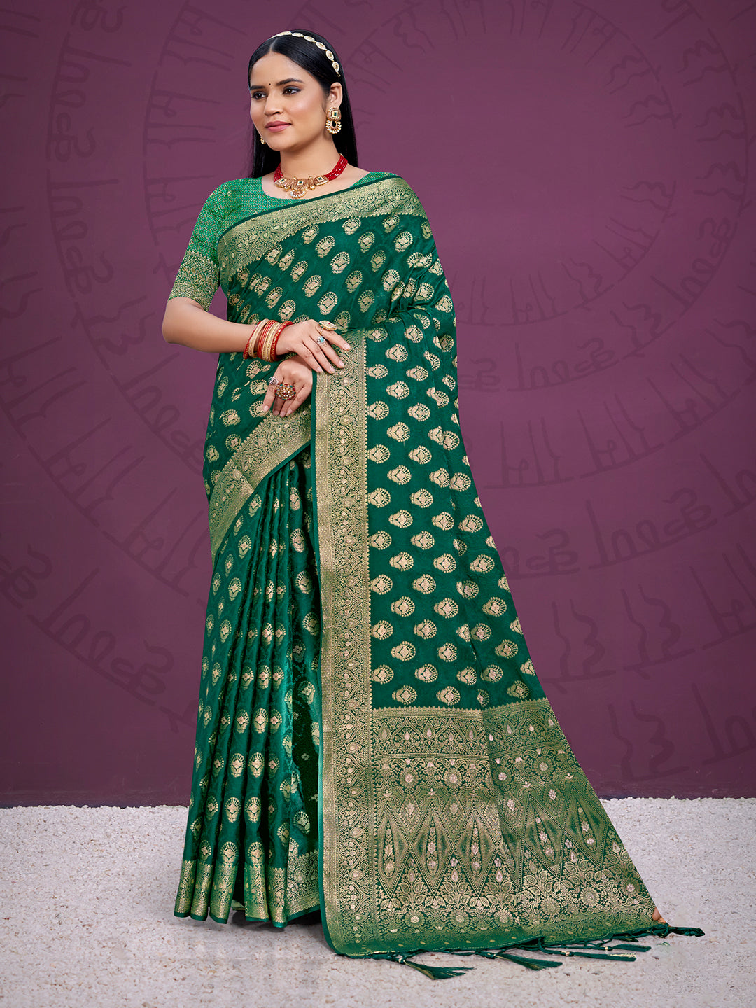 Women's Dark Green Silk Woven Work Traditional Saree - Sangam Prints
