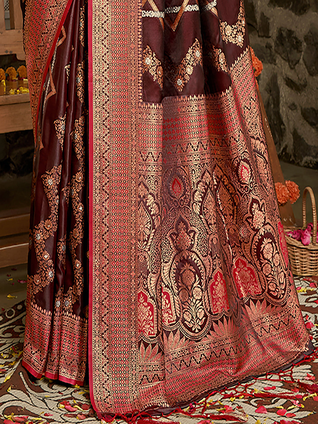 Women's Brown Silk Woven Work Traditional Saree - Sangam Prints