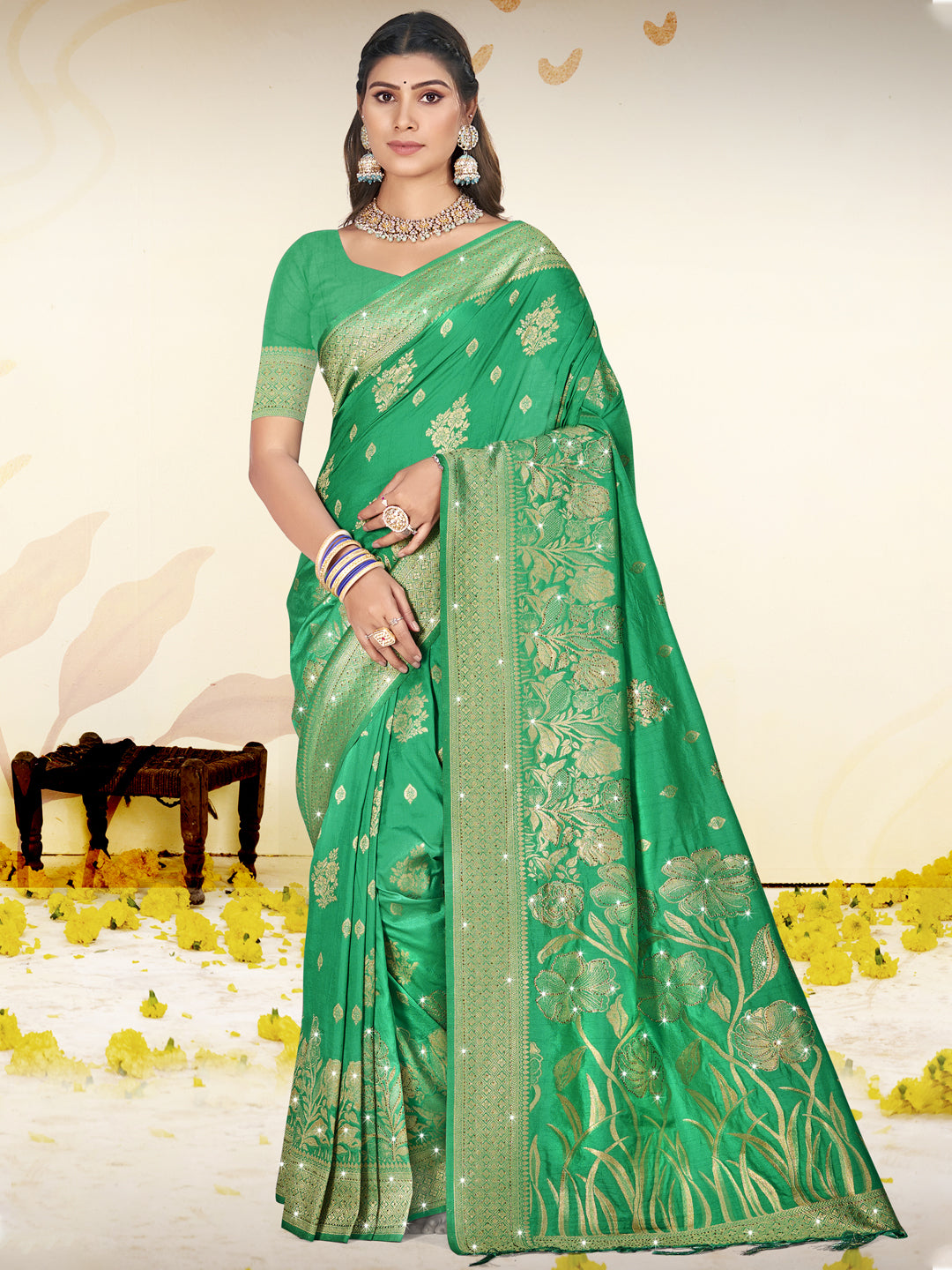 Women's Green Silk Woven Work Saree - Sangam Prints