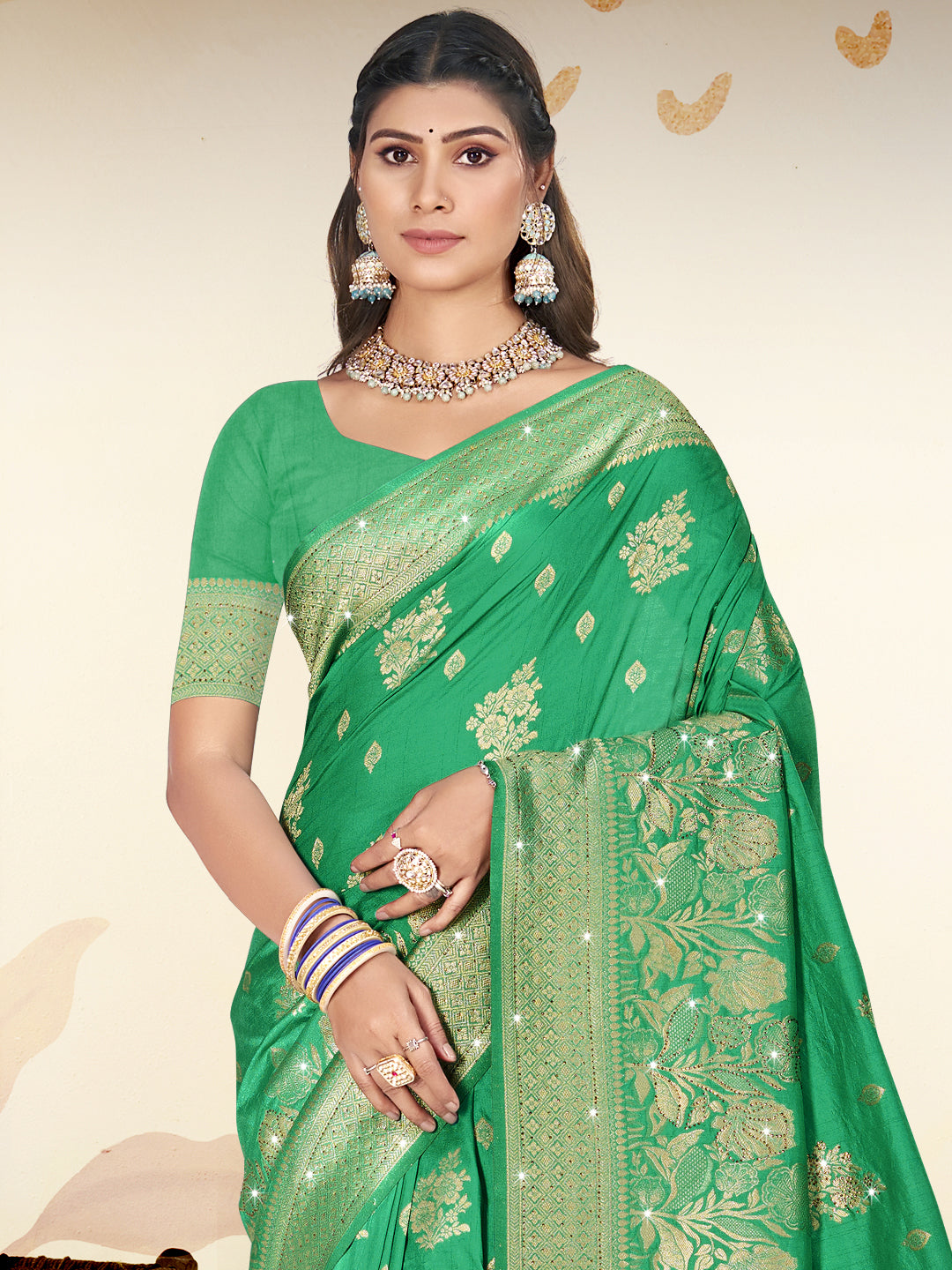 Women's Green Silk Woven Work Saree - Sangam Prints