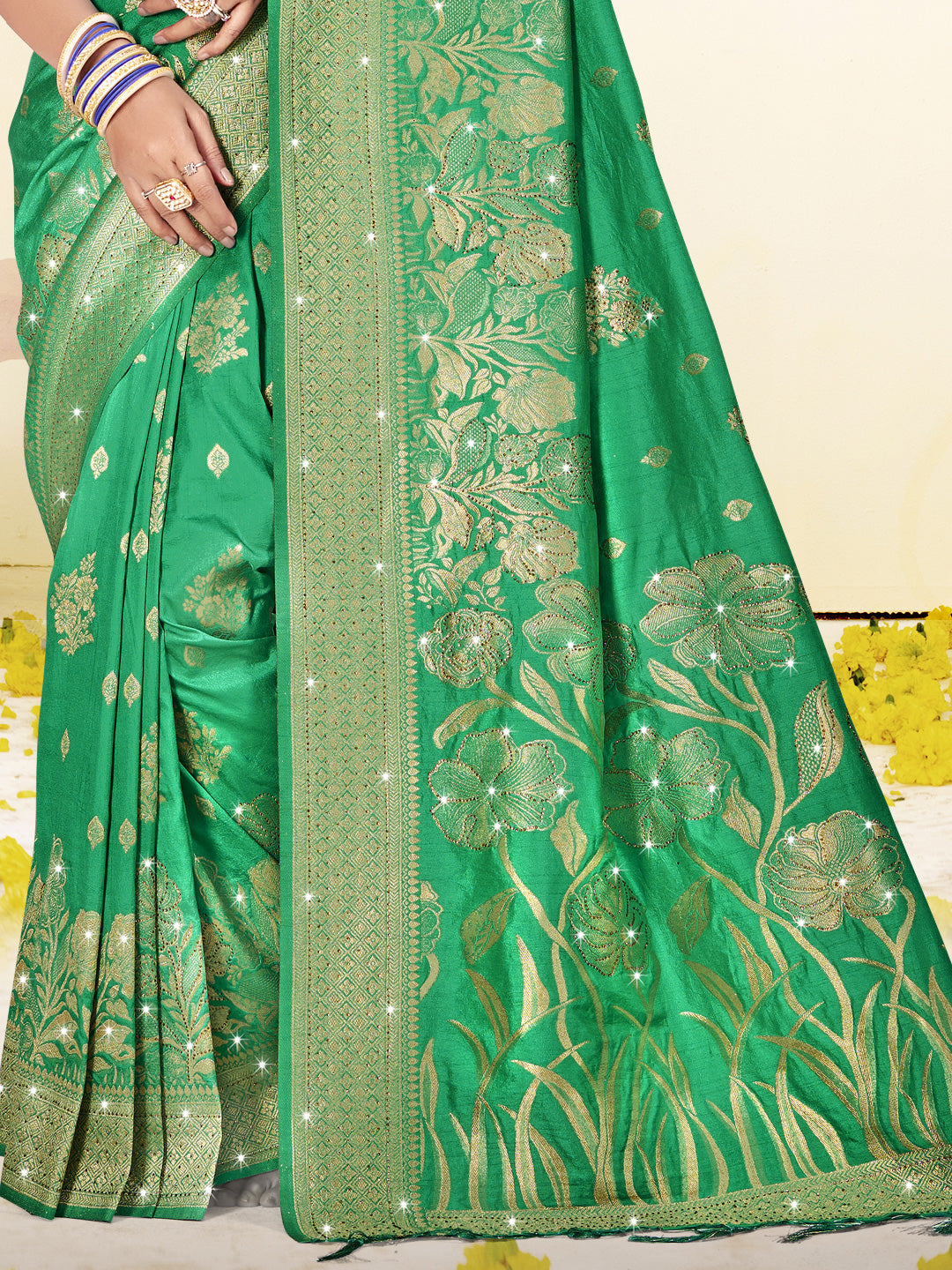 Women's Green Silk Woven Work Saree - Sangam Prints