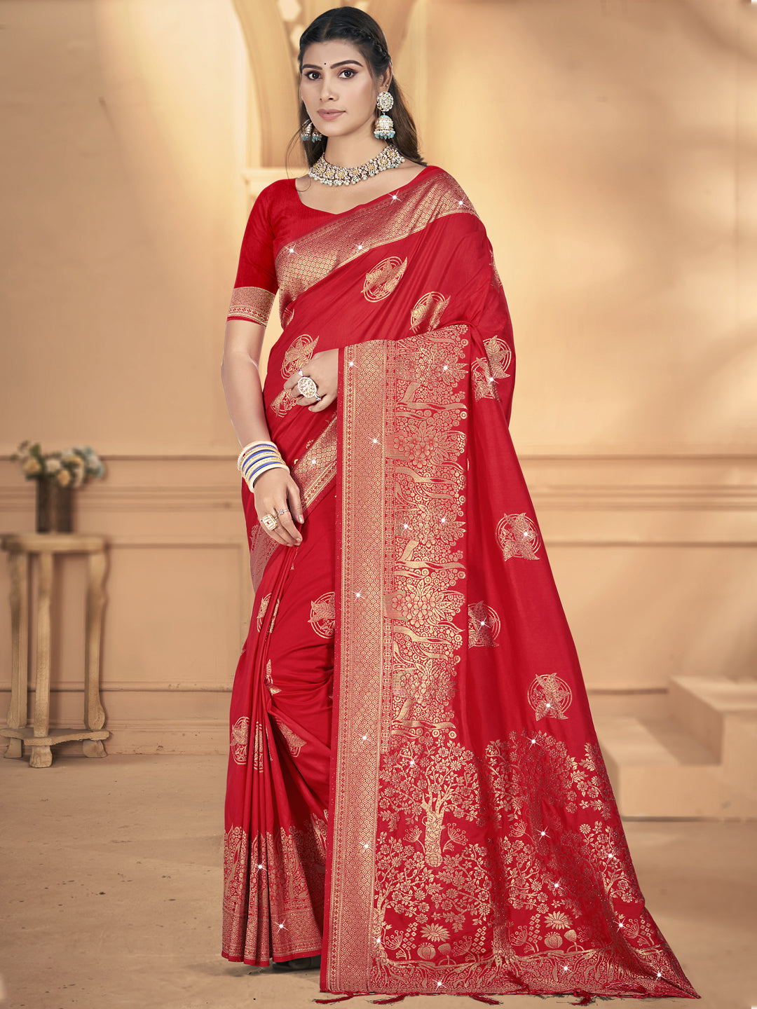 Women's Red Silk Woven Work Saree - Sangam Prints