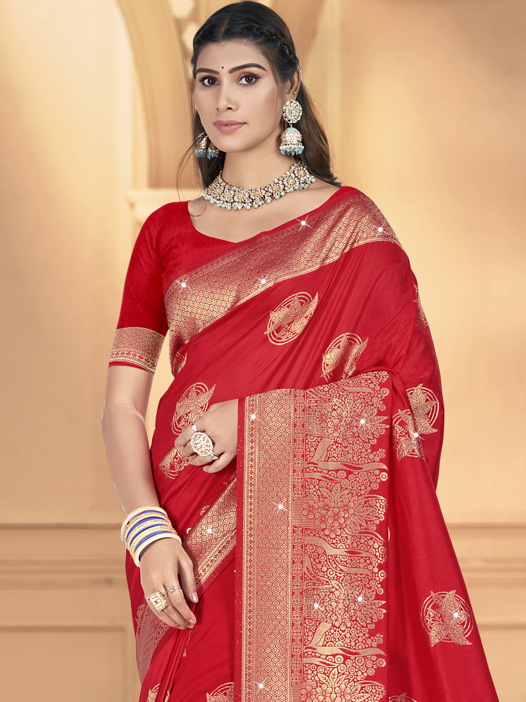 Women's Red Silk Woven Work Saree - Sangam Prints