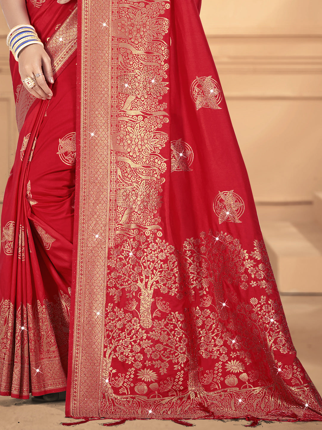 Women's Red Silk Woven Work Saree - Sangam Prints