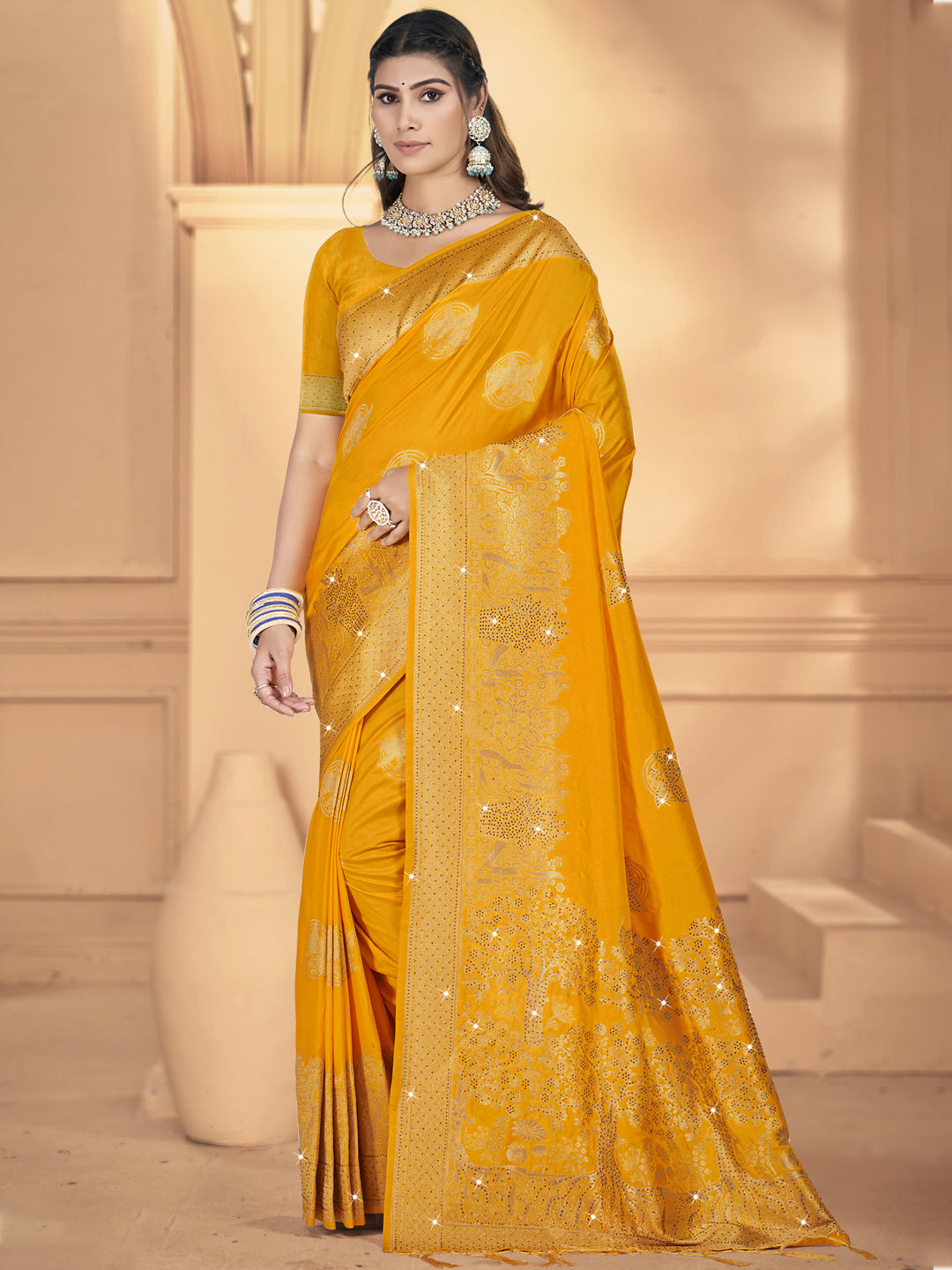 Women's Mustard Silk Woven Work Saree - Sangam Prints