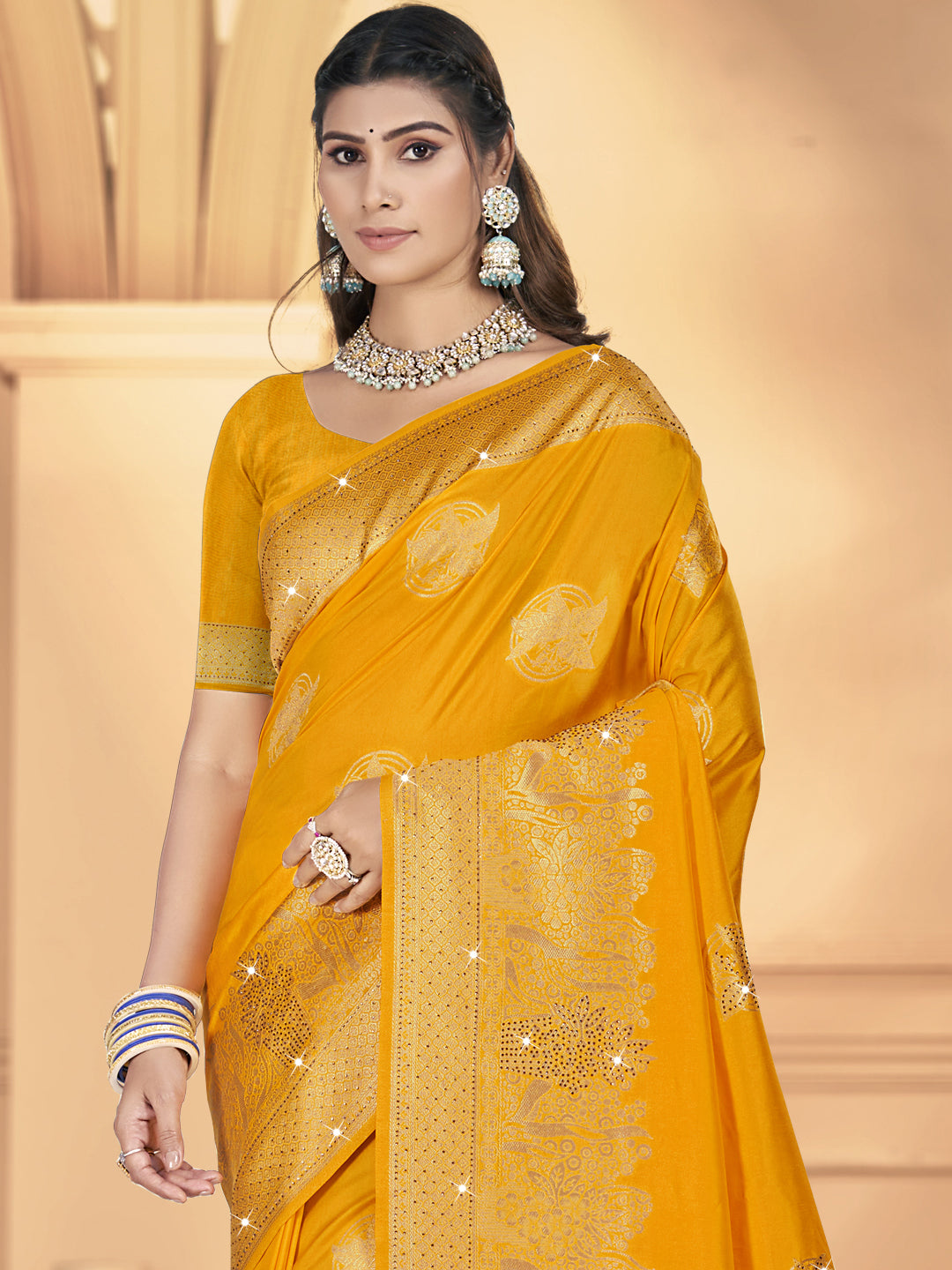 Women's Mustard Silk Woven Work Saree - Sangam Prints